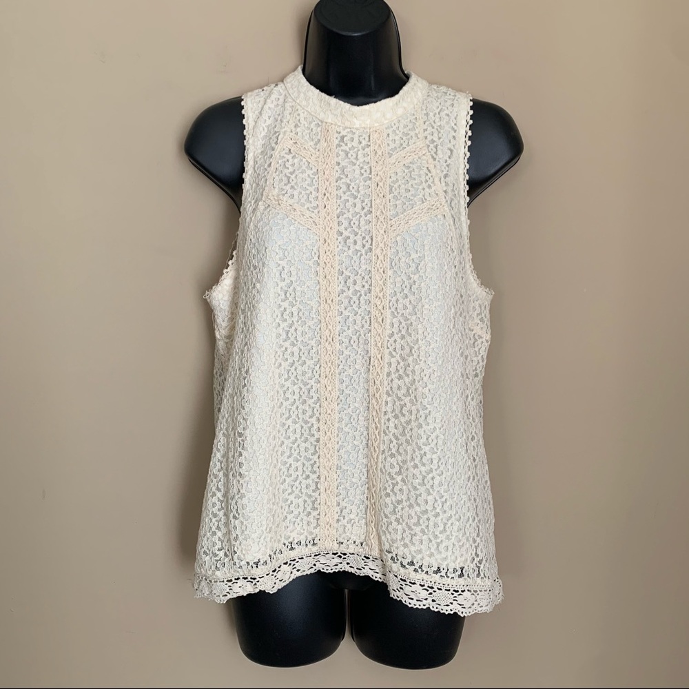 Paper Crane Ivory Lace Collared Tank Top with Sheer Lace Back